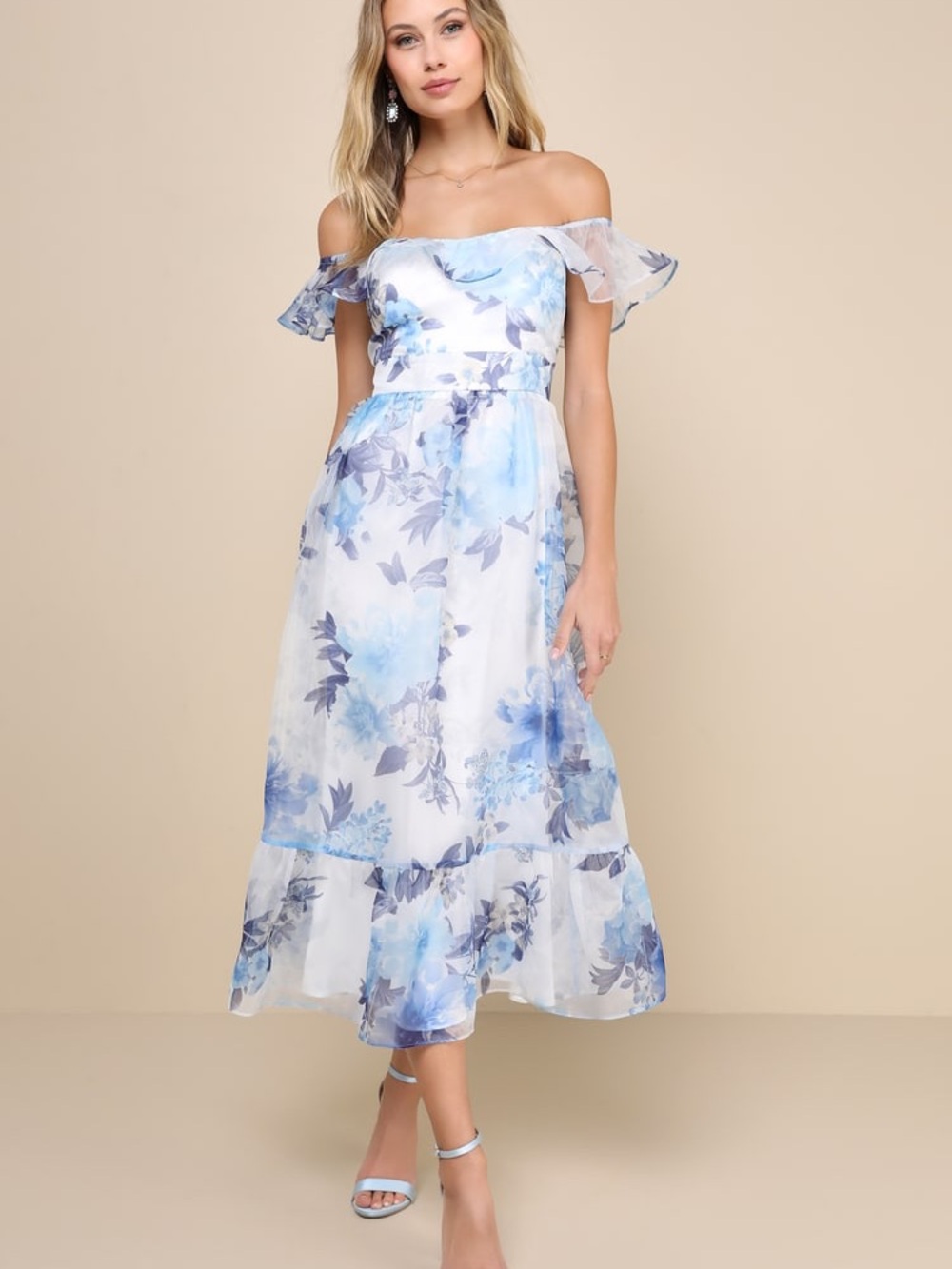 Lulus Sweet Composure White Floral Organza Off the Shoulder Formal MidiDress NWT